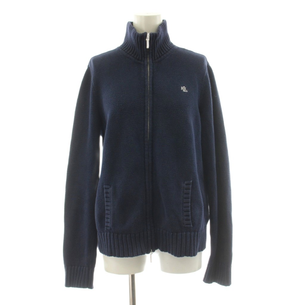 【中古】ローレンラルフローレン LAUREN RALPH LAUREN 編み物上衣 上衣 ジップアップ ロゴタイプ刺しゅう M 紺 米国海軍 /KU レディース 【ベクター 古着】 260415