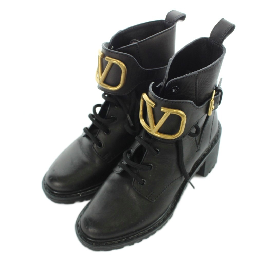 【中古】ヴァレンティノ ガラヴァーニ VALENTINO GARAVANI コンバットブーツ 真っただ中ブーツ なめし革 スピード競技引きあげる Vロゴタイプ 書き判 36 23糎 黒 黒いこと /YI4 ●D レディース 【ベクター 古着】 260508 ブーツ-レディース靴-その他
