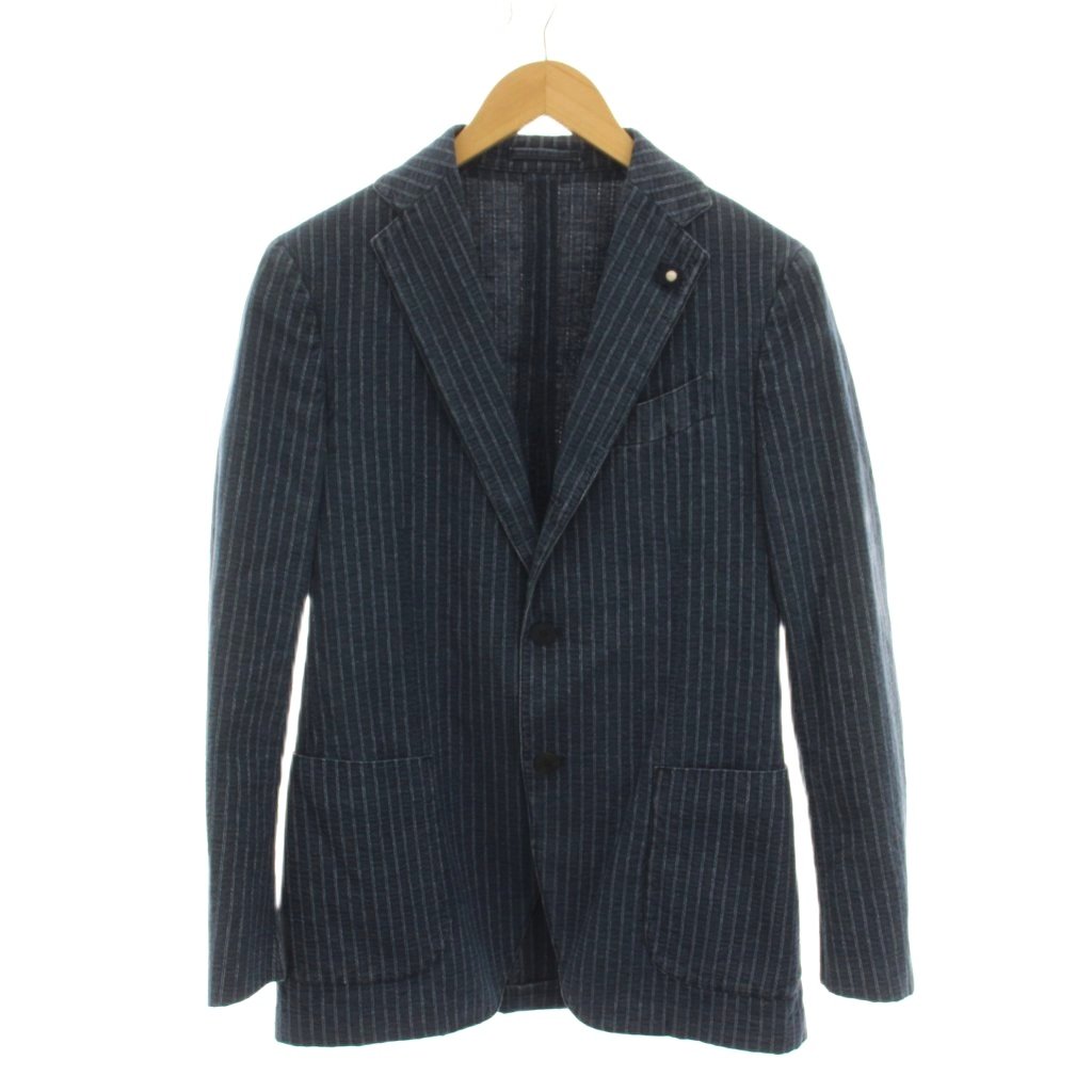 【中古】ラルディーニ LARDINI テーラードジャケット 縞模様 リネン混 アウター 46 紺 米国海軍 ブートニエール付 JK925Q-76 /YM メンズ 【ベクター 古着】 260511