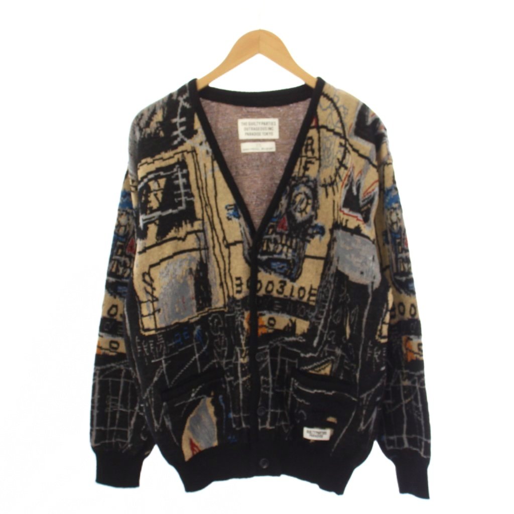 【中古】ワコマリア WACKO MARIA × JEAN-MICHEL BASQUIAT 編み物 ジレー 長袖 V素っ首 総柄 モヘア 羊毛 M 黒 /BM メンズ 【ベクター 古着】 260520