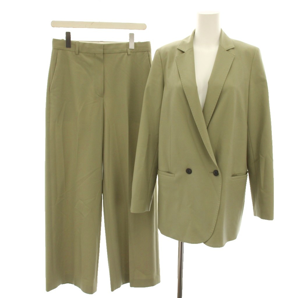 【中古】行動論理 Theory 背広 セットアップ 上下 トレーサブルウールダブルブレストボーイジャケット TRACEABLE WOOL DB BOY JKT テーラードジャケット ダブル トレーサブルウールリラックストラウザーズ ズボン下 スラックス 2 黄緑 レディース 【ベクター 古着】 260529