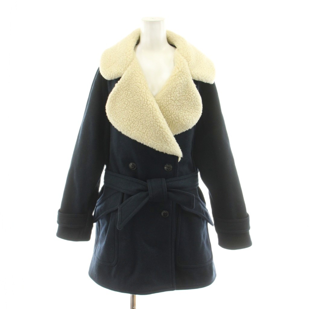 【中古】メゾンキツネ MAISON KITSUNE ボアカラーコート ダブル ロング ウール ベルト付き S 紺 ネイビー KWO-0651 /KU レディース 【ベクトル 古着】 260602｜ブランド古着の買取販売ベクトル
