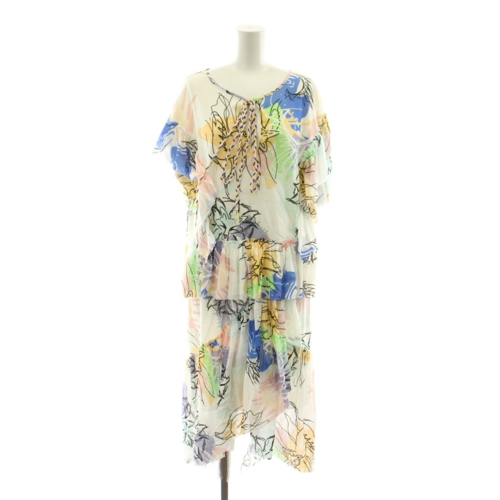 【中古】未使用品 ヴィヴィアンタム VIVIENNE TAM セットアップ 上下 カットソー Tシャツ 半袖 フレアスカート ひざ丈 総柄 フリル リボン 40 白 ホワイト マルチカラー 08176418 08176421 /KU 【ベクトル 古着】 260612|ブランド古着の買取販売ベクトル