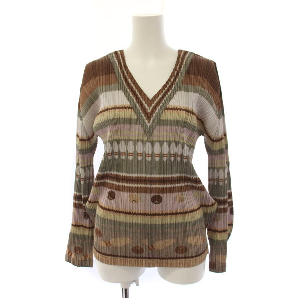 【中古】プリーツプリーズ PLEATS PLEASE イッセイミヤケ カットソー 長袖 Vネック ボーリング柄 3 茶 PP73-JK651 /BM5 レディース 【ベクトル 古着】 260709｜ブランド古着の買取販売ベクトル 26,199円