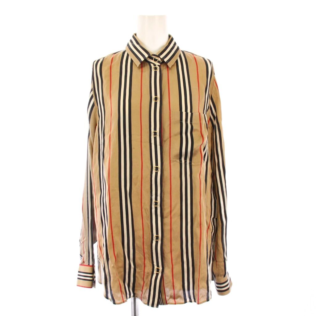 【中古】赤ちょうちんバリー 英国の首都 BURBERRY LONDON ティーシャツ トップ 長袖 レギュラー色合い 絹地 繻子 縞模様柄 38 ベージュ /BB レディース 【ベクター 古着】 251207