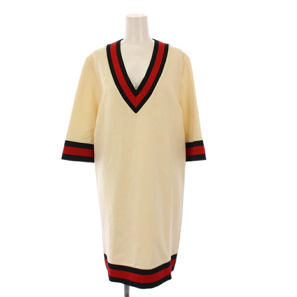 【中古】未当てはめる品 グッチ GUCCI 下げ札付き添い人 Vネックウェブラインワンピース 七分袖 ひざ丈 シェリー酒伝達ルート S ベージュ 470315 /KH レディース 【ベクター 古着】 251222