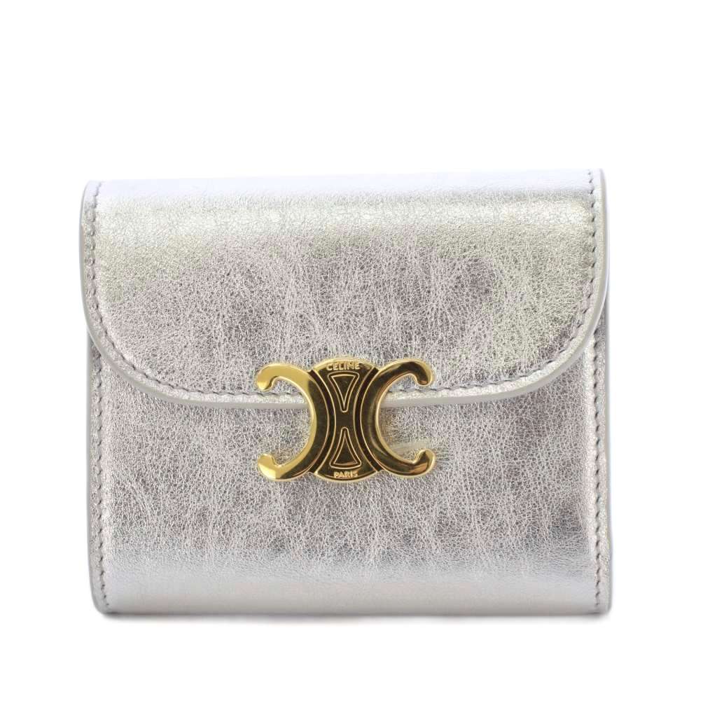 【中古】セリーヌ CELINE スモール フラップウォレット トリオンフ 三つ折り紙入れ なめし革 しろがね色色つや /KH ■OH レディース 【ベクター 古着】 260319