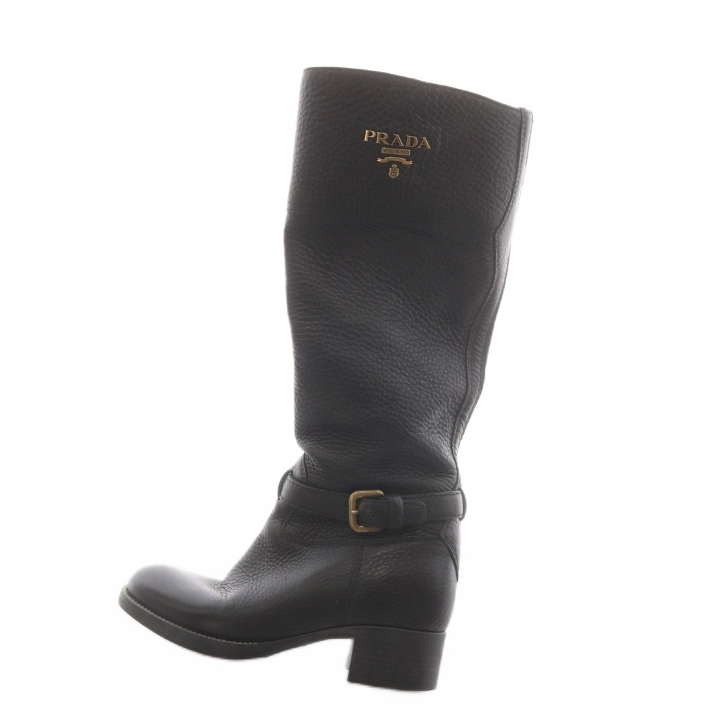 【中古】プラダ PRADA ロングブーツ チャンキーヒール ロゴタイプ なめし革 23.0珊 黒 黒いこと /AN15 レディース 【ベクター 古着】 260417