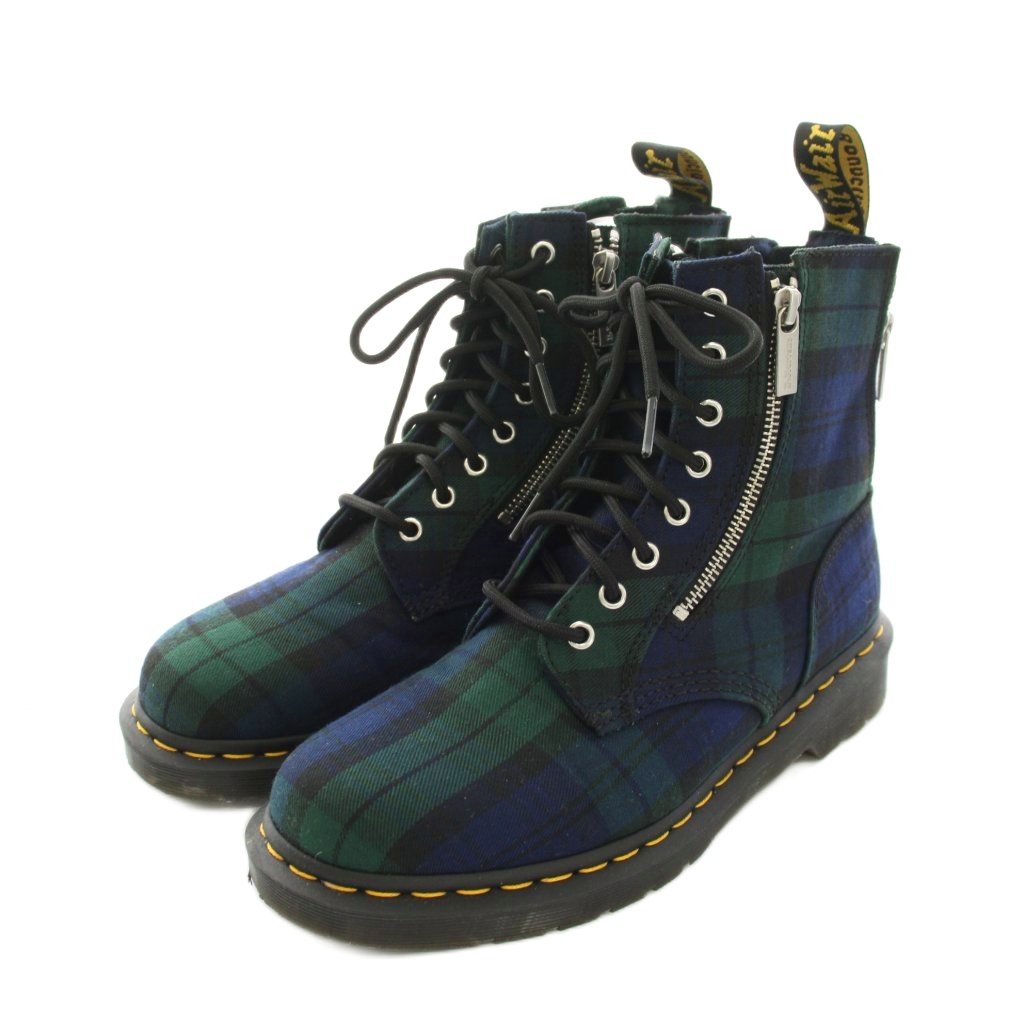 【中古】お医者さんマーチン DR.MARTENS 1460 ZIP TARTAN LACE UP BOOTS ジップ タータンチェック スピード競技繰り上げる ブーツ 遊撃手 UK8 緑 紺 /YM メンズ 【ベクター 古着】 260418