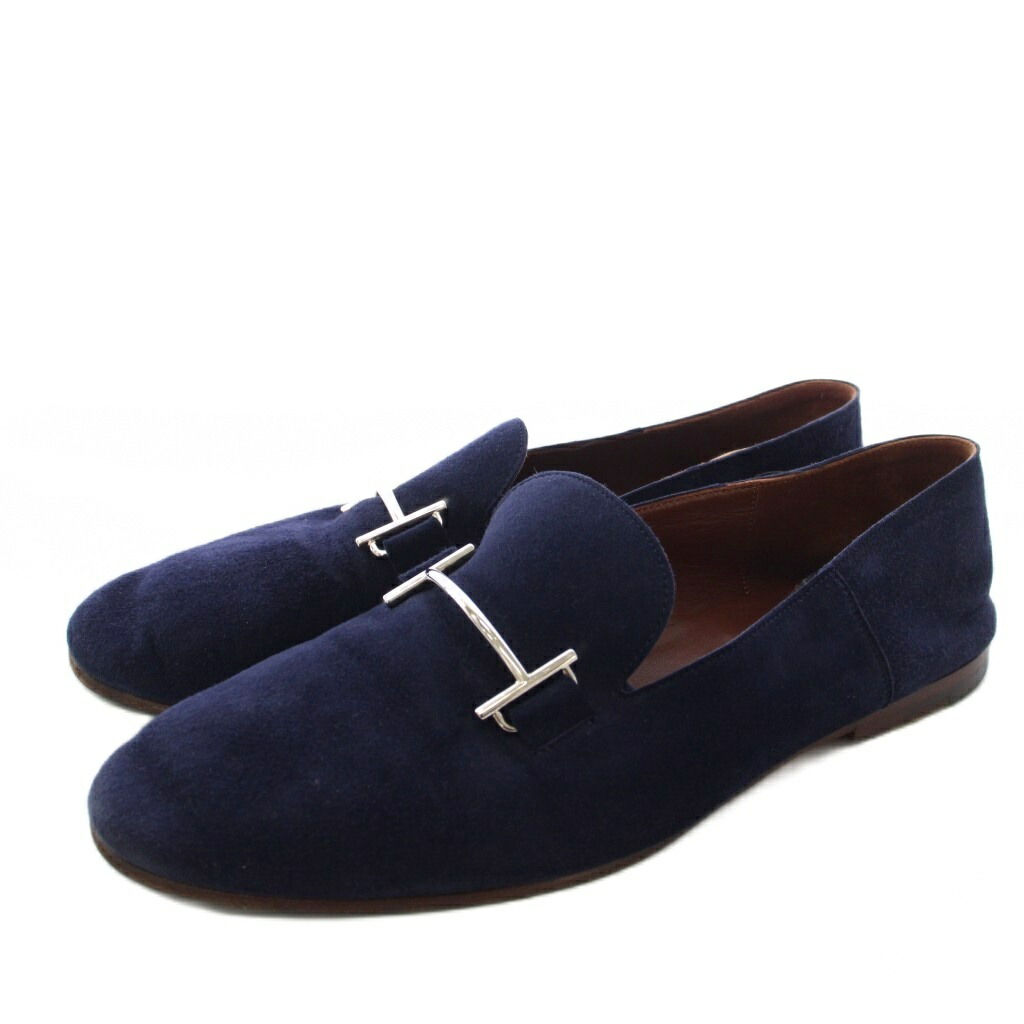 【中古】エルメス HERMES SAGA スエードクロス 置き目毛皮 モカシン 41 紺 /PJ メンズ 【ベクター 古着】 260424