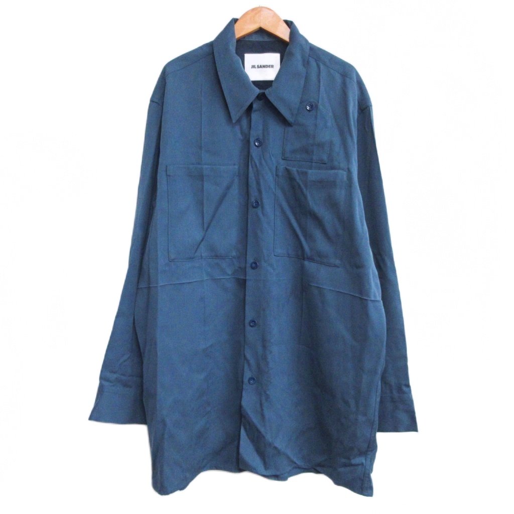 【中古】ジルサンダー JIL SANDER 22AW バージンウール ロング シャツ 長袖 オープンカラー 青 ブルー系 サイズ41 J22DL0106 0422 メンズ 【ベクトル 古着】 260218