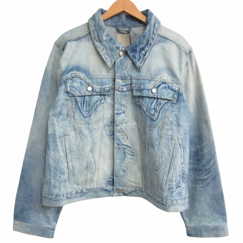【中古】カンペール CAMPER LAB タグ付 DENIM JACKET トロンプルイユ デニムジャケット オーバーサイズ プリント 短丈 青 ブルー Lサイズ AU00005-002 メンズ 【ベクトル 古着】 250505
