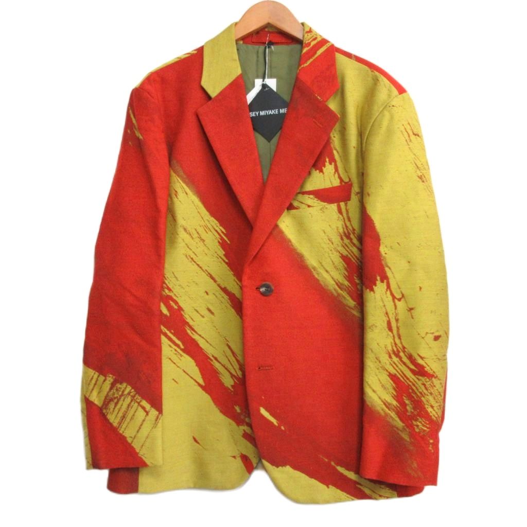【中古】未使用品 イッセイミヤケメン ISSEY MIYAKE MEN タグ付き 19AW 総柄 ウール テーラードジャケット ブレザー シングル 2B レッド イエロー オレンジ サイズ3 ■MNK2 メンズ 【ベクトル 古着】 251102