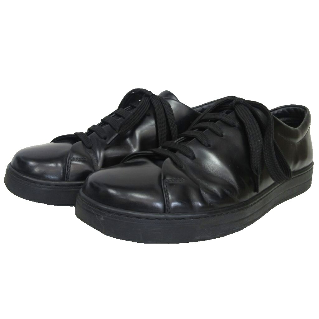 【中古】プラダ PRADA Leather Sneaker DNC112 オールなめし革スニーカー 置き目とり捨てる 黒 黒いこと 7 1/2 ■MNK2 メンズ 【ベクター 古着】 251108