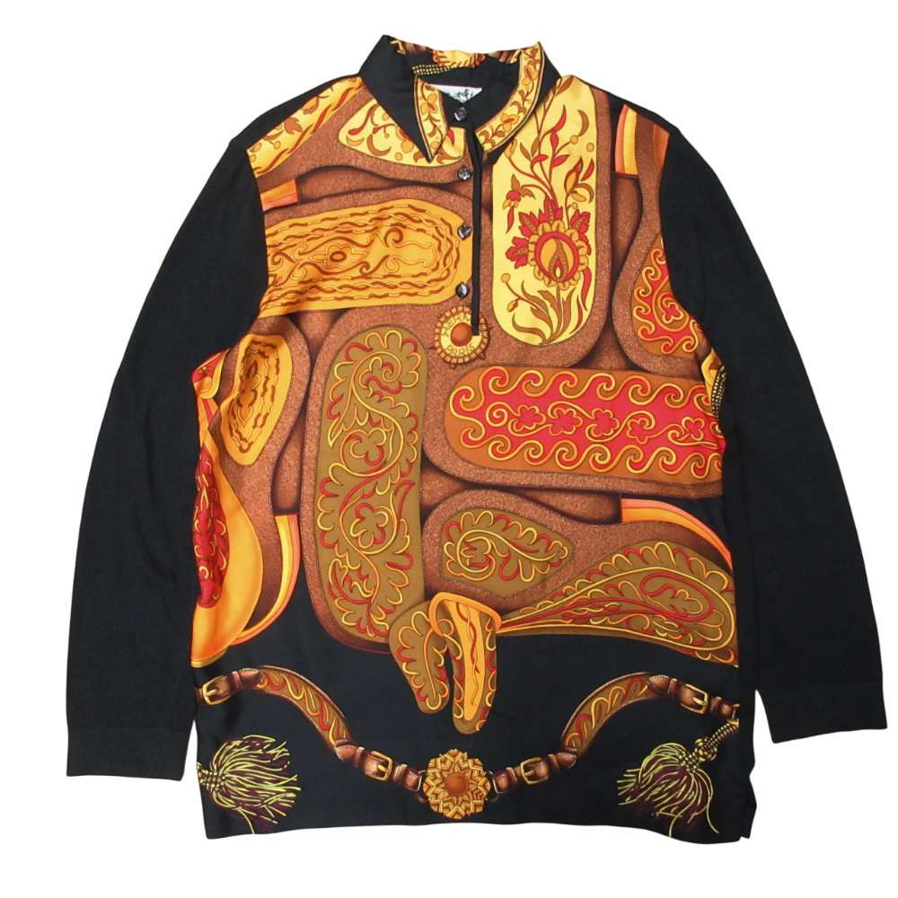 【中古】エルメス HERMES ヴィンテージ TWILL LANE ツイルレーヌ ニットポロ シルク&times;コットンカシミヤ セーター カレ ドッキング 長袖 XS 黒 ブラック マルチカラー ■MNK4 レディース 【ベクトル 古着】 260113｜ブランド古着の買取販売ベクトル