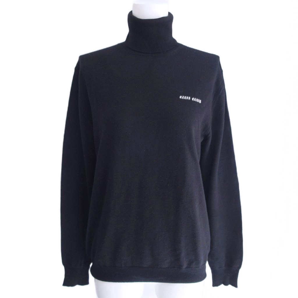 【中古】ミュウミュウ miumiu 23AW 編み物 スウェーター ロゴタイプ 羊毛 タートルネック 長袖 36 約S 黒 黒いこと 0220 レディース 【ベクター 古着】 260220