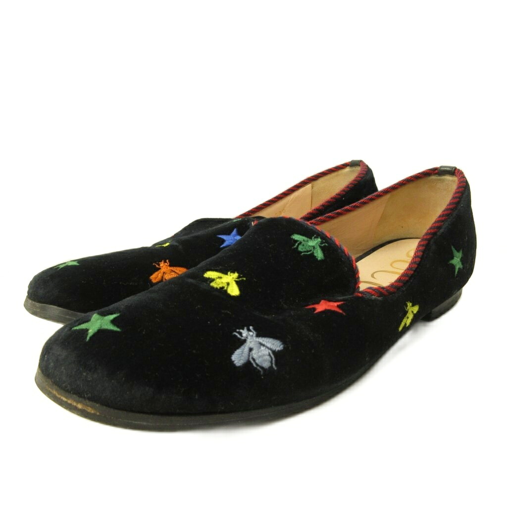 【中古】グッチ GUCCI 置き目毛革 シューズ 天鵞絨 星 ハチ 刺しゅう 39 26.0糎 黒 黒いこと 505283 0319 IBO92 レディース 【ベクター 古着】 260319