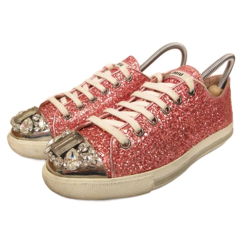 【中古】ミュウミュウ miumiu グリッター ローカットスニーカー シューズ ビジュー ラメ 36 サクラ色 IBO94 レディース 【ベクター 古着】 260412