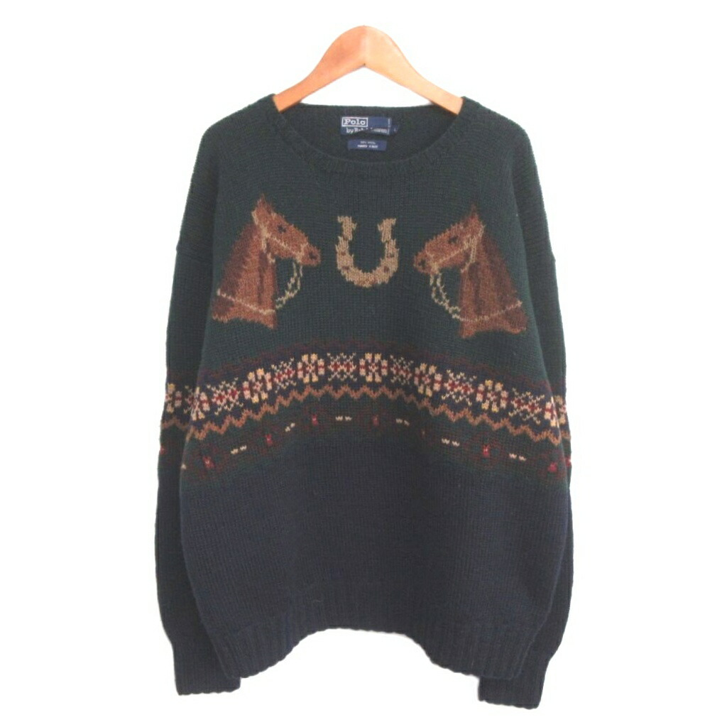 【中古】ポロ バイ ラルフローレン Polo by Ralph Lauren 90s HAND KNIT お手て編み物 プルオーバー ノース柄 L 紺 米国海軍 IBO96 メンズ 【ベクター 古着】 260514