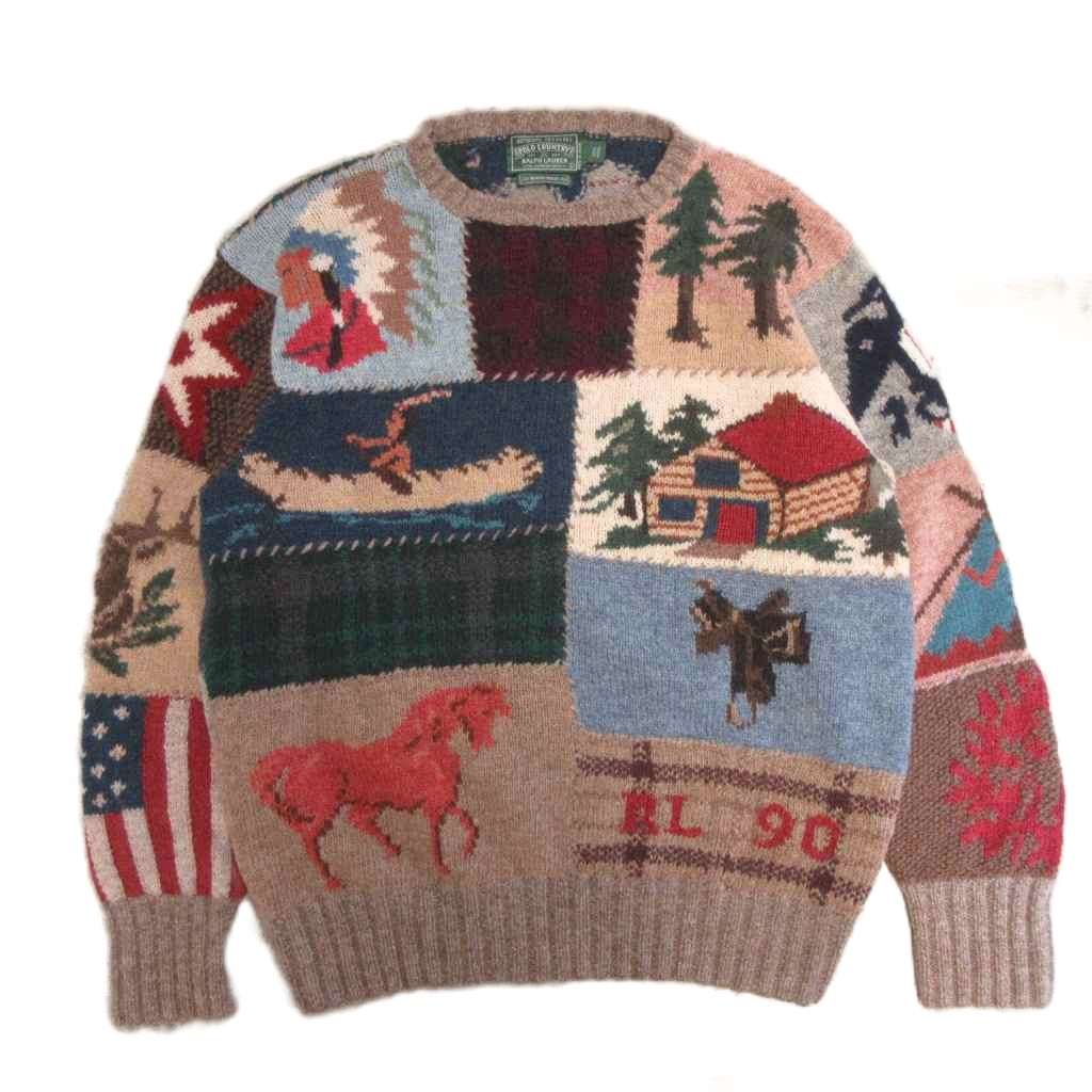 【中古】ポロ バイ ラルフローレン Polo by Ralph Lauren Polo Country ポロカントリー 滅多に無い 美品 ヴィンテージ 90s お手々編み物 パッチワーク編み物 スウェーター L マルチ色合い IBO96 メンズ 【ベクター 古着】 260514