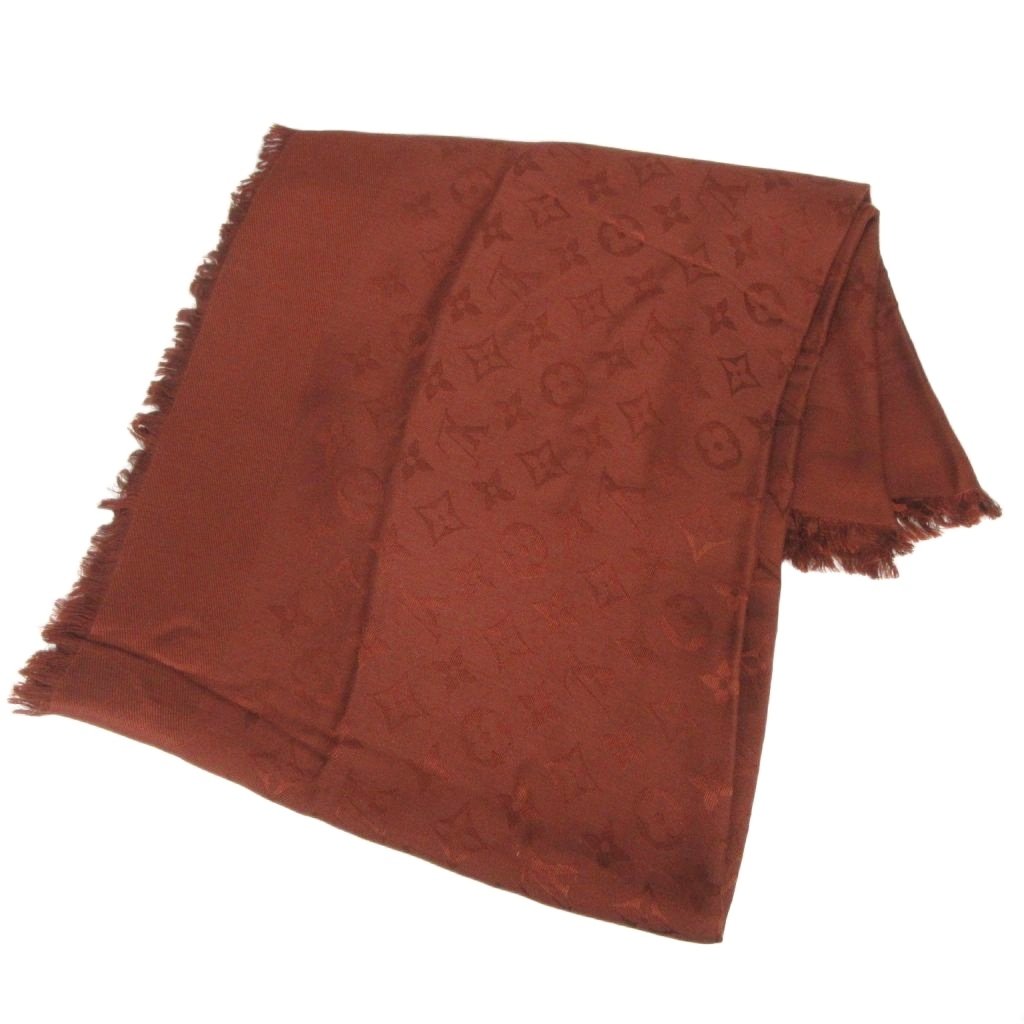 【中古】ルイヴィトン LOUIS VUITTON 美品 モノグラム 肩かけ 絹地羊毛 大判 袈裟 茶 赤銅色 ■MNK9 余分の物 【ベクター 古着】 260605