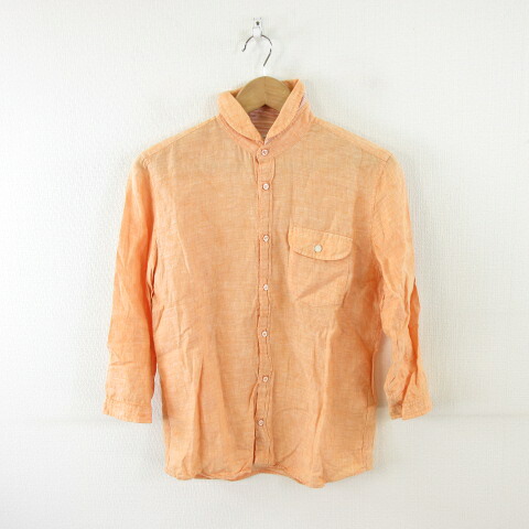 【中古】タケオキクチ TAKEO KIKUCHI FLANDERS LINEN PREMIUM コラボ リネンシャツ 七分袖 オレンジ 2 *A41 メンズ 【ベクトル 古着】 250910