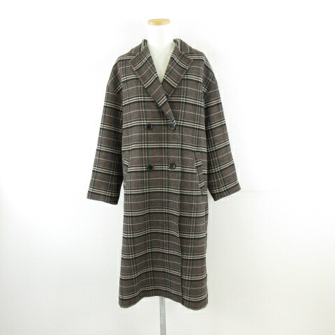 【中古】レイビームス Ray Beams ダブルチェスターコート チェック 長袖 ロング 茶 黒 *A272 レディース 【ベクトル 古着】 250926