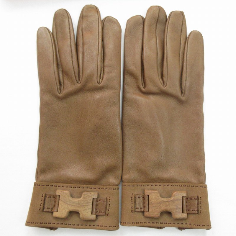 【中古】エルメス HERMES 7 1/2 グローブ 地球儀 Ｈロゴタイプ 白木 子ヒツジ なめし革 羊革 赤銅色 茶 駱駝 レディース 【ベクター 古着】 260606