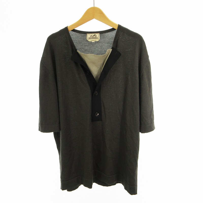 【中古】エルメス HERMES XL カシミヤ シルク ニット セーター 半袖 薄手 切り替えし オリーブ ブラック ベージュ エルメスジャポン（株） メンズ 【ベクトル 古着】 260710｜ブランド古着の買取販売ベクトル