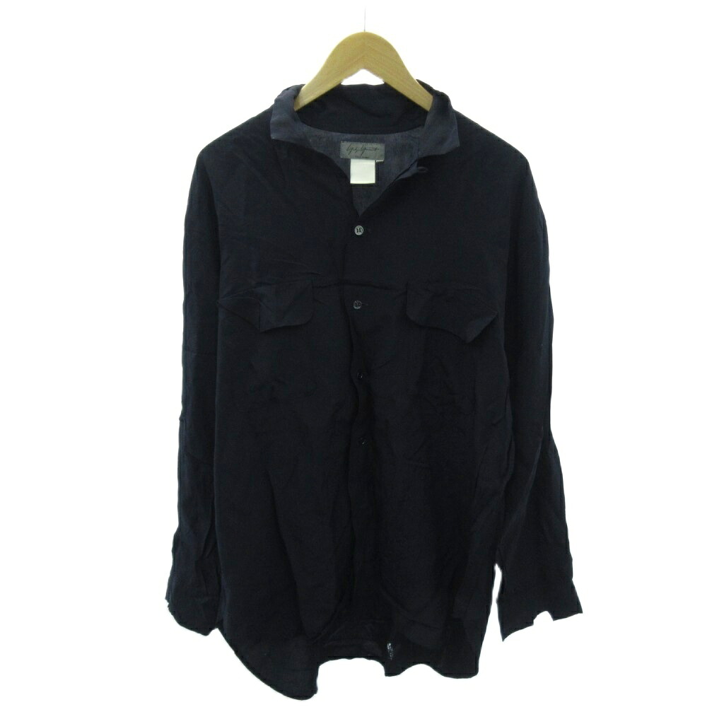 【中古】ヨウジヤマモトプールオム YOHJI YAMAMOTO POUR HOMME 丸文字 80s オープンカラーシャツ 開襟 長袖 M 紺 ネイビー 1212 メンズ 【ベクトル 古着】 251212