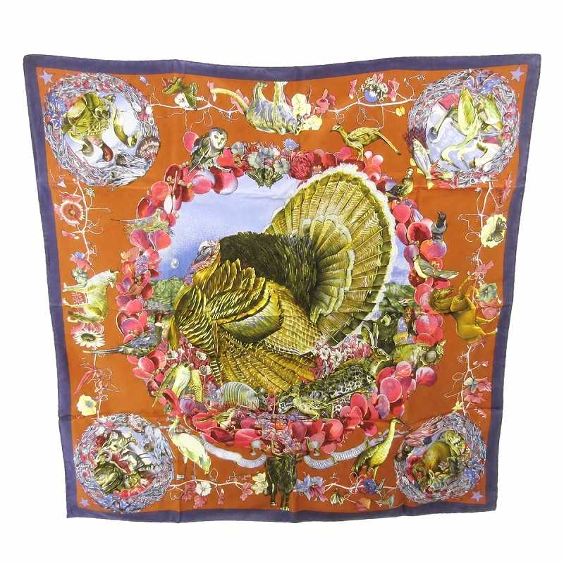 【中古】エルメス HERMES 美品 カレ90 Faune et Flore du Texas テキサス州動植物図鑑 大判 えり巻き 総柄 絹 絹地 紅 ボルドーワイン 0503 レディース 【ベクター 古着】 260503