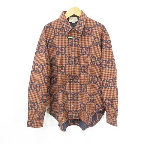 【中古】グッチ GUCCI マキシGG ギンガム照合のしるし 羊毛プルオーバー Maxi GG Gingham Wool Shirt 756842 ZAOBM 大層らしい大きさ 赤いこと 青碧 赤銅色 60 メンズ 【ベクター 古着】 251224