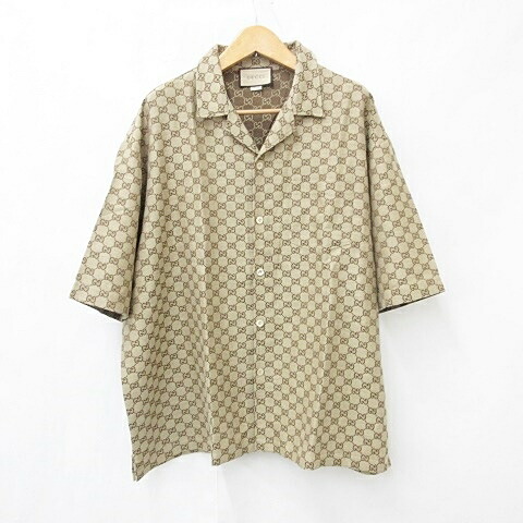 【中古】グッチ GUCCI リネン雑ぜ合わせる 帆布プルオーバー 半袖 Linen Blend Canvas Shirts GG柄 742707 ZAM7G 大層らしい大きさ 赤銅色 茶 64 メンズ 【ベクター 古着】 251225