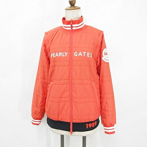 【中古】パーリーゲイツ PEARLY GATES ゴルフ 運動競技御召しもの 上衣 上衣 より良い 4way リヴァーシブル 中綿 ジップアップ ロゴタイプ 紋章 刺しゅう PERTEX 軽さ 防風 ナイロン オレンジ色 米国海軍 紺 黒 0 レディース 【ベクター 古着】 260226
