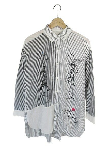 【中古】レジァンス REGENCE シャツ ブラウス 七分袖 ボタン ストライプ プリント イラスト ホワイト グレー サイズ38 QQQ レディース 【ベクトル 古着】 260405