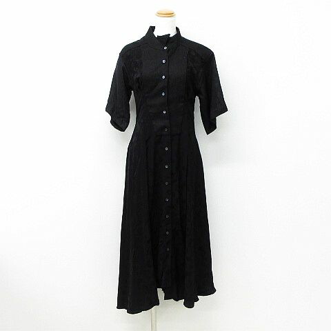 中古 ロエベ Loewe ワンピース ドレス 五分袖 ミモレ丈 羽柄 タック アシンメトリー 異素材 リネン混 ブラック系 32 レディース ベクトル 古着 2107 Novix Com