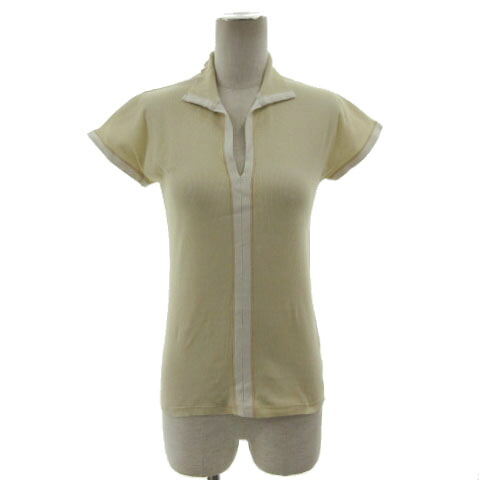 【中古】ブルネロクチネリ BRUNELLO CUCINELLI スキッパーカラーポロシャツ フレンチスリーブ コットン混 配色 ベージュ ライトベージュ M レディース 【ベクトル 古着】 260203