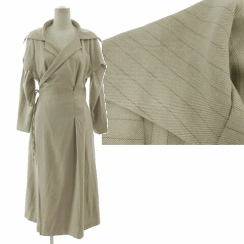 【中古】未当て嵌める品 エルケアンドイルハヴァ Elke＆Ylva ロングカシュクールワンピース 1909-95-147 長袖 シュロの葉留め 綿織物混 縞模様 ベージュ 赤銅色 茶 F レディース 【ベクター 古着】 260220