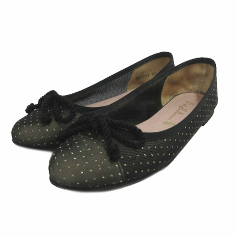 【中古】プリティバレリーナ Pretty Ballerinas ドットメッシュ バレエシューズ フラットシューズ ラウンドトゥ リボン ブラック 黒 シルバー 37 レディース 【ベクトル 古着】 260402