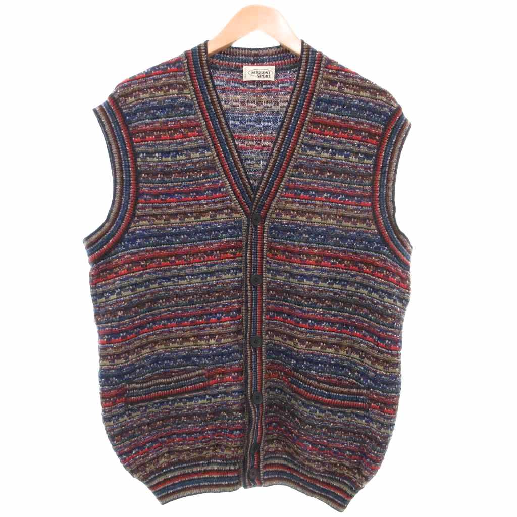【中古】ミッソーニ MISSONI スポーツ イタリア製 ヴィンテージ ベスト 52 赤 レッド 青 ブルー 黒 ブラック Vネック アルパカ混 /NU ■ECG003 メンズ 【ベクトル 古着】 260323