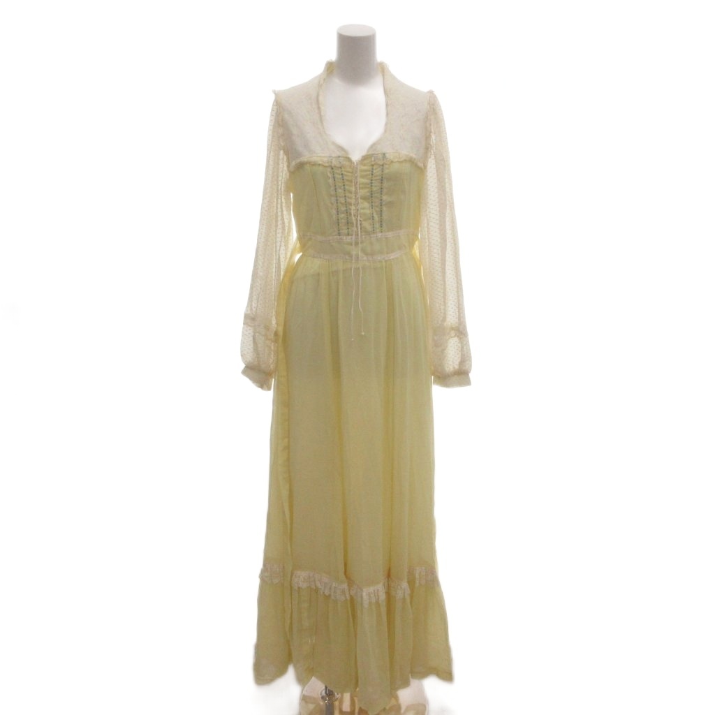 【中古】ガニーサックス GUNNE SAX ヴィンテージ ドレス ワンピース マキシ丈 ロング 9 黄色 長袖 ドット柄 レース装飾 /MX ■ECF004 【ベクトル 古着】 260509|ブランド古着の買取販売ベクトル