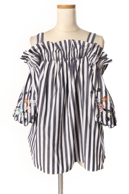 中古 チェスティ Chesty 17ss トップ オフ肩肉 ストライプ 半袖 刺しゅう ストラップ 0 ダークブルー 濃紺 Fy0510 レディース ベクター 古着 中古 チェスティ Chesty 17ss ブラウス オフショルダー ストライプ 半袖 刺繍 ストラップ 0 紺 ネイビー Fy0510