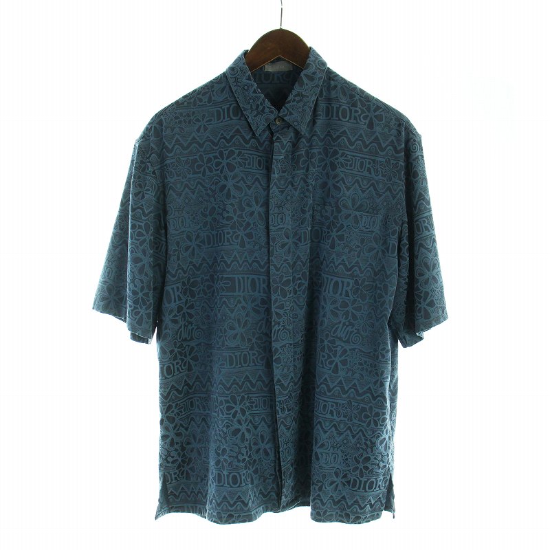 【中古】クリスチャンディオール Dior Shawn Stussy ショーンステューシー 共同研究 20SS 総柄 ロゴタイプ 地絹 半袖 プルオーバー 花柄 絹 37 青 青碧 033C514A4925 ■GY27 /MQ メンズ 【ベクター 古着】 260513