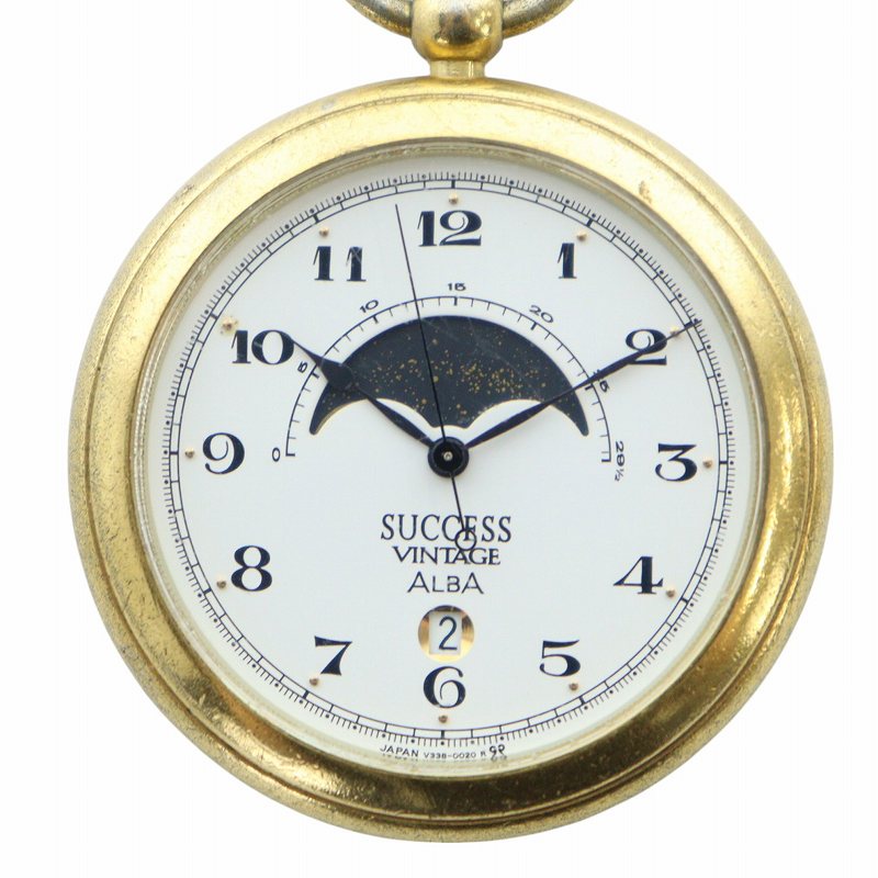 【動作ＯＫ】SEIKO ムーンフェイズ付き懐中時計 7424-0010 ゴールド 動作OK】SEIKO ムーンフェイズ付き懐中時計 7424-0010