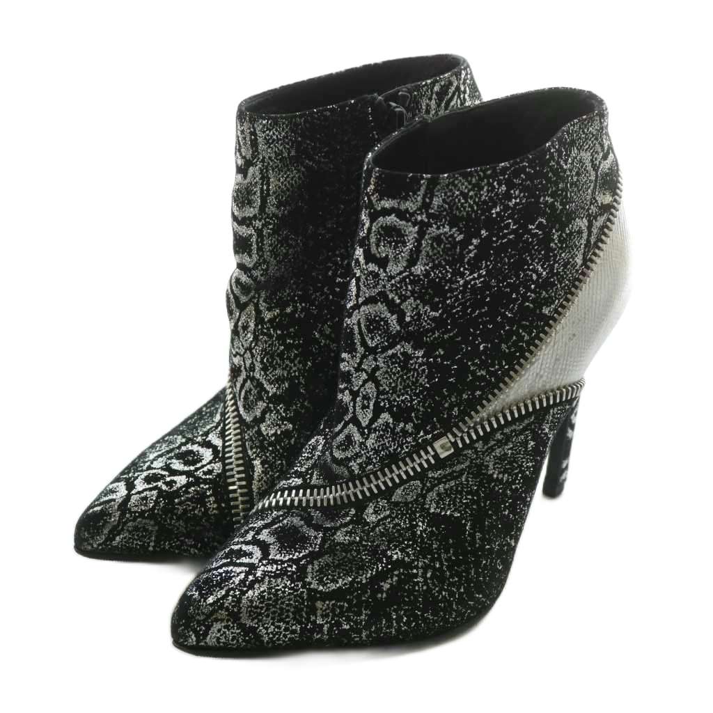 【中古】サンローラン パリ SAINT LAURENT PARIS ショートブーツ スエード ポインテッドトゥ ピンヒール パイソン柄 総柄 サイドジップ 35 22cm 黒 ブラック シルバー色 /XZ ■GY19 レディース 【ベクトル 古着】 250815