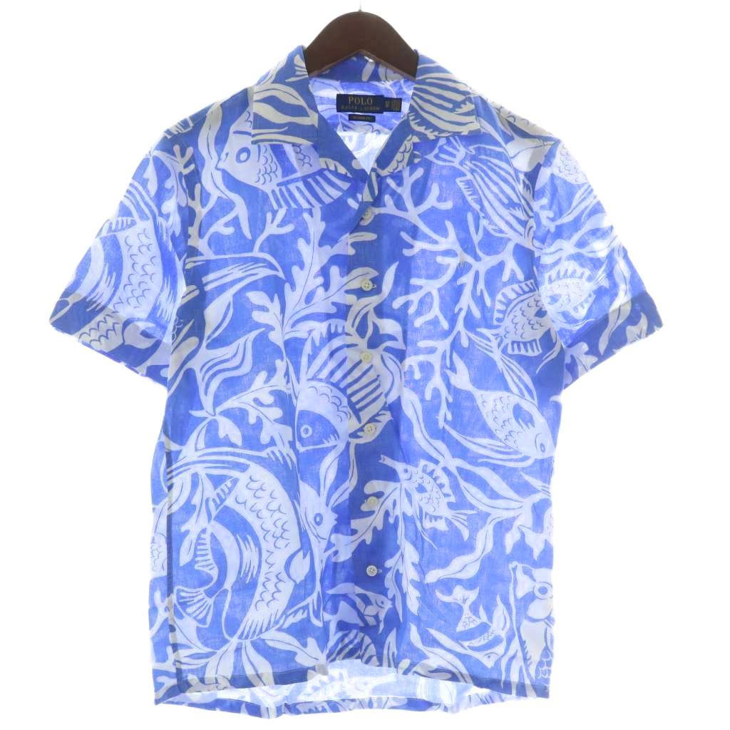 【中古】ポロ ラルフローレン POLO RALPH LAUREN 古典派音楽相応う CLASSIC FIT アロハシャツ 開けはなし色つや 麻 リネン 半袖 総柄 XS 青 青碧 白 白いこと /XZ ■GY44 メンズ 【ベクター 古着】 250914