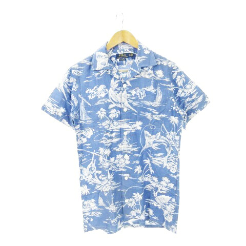 【中古】ポロ ラルフローレン POLO RALPH LAUREN アロハシャツ 半袖 リネン 麻 開けはなし色つや レギュラー色つや ロゴタイプ刺しゅう カジキ鮪 椰子科の木 総柄 XS 青 青碧 /AH24 ■GY44 メンズ 【ベクター 古着】 250916