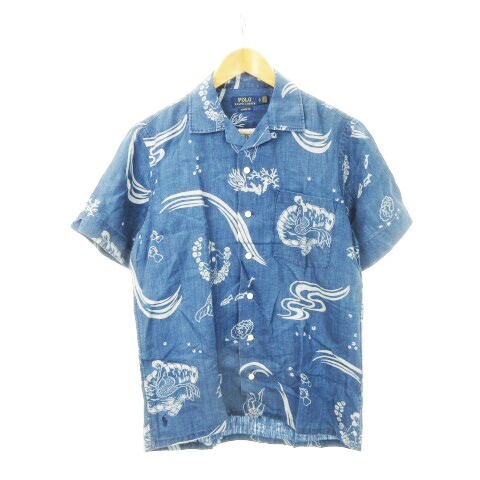 【中古】ポロ ラルフローレン POLO RALPH LAUREN アロハシャツ 半袖 リネン 麻 開けはなし色つや レギュラー色つや ロゴタイプ刺しゅう 人魚 魚 総柄 S 青 青碧 /AH22 ■GY44 メンズ 【ベクター 古着】 250916