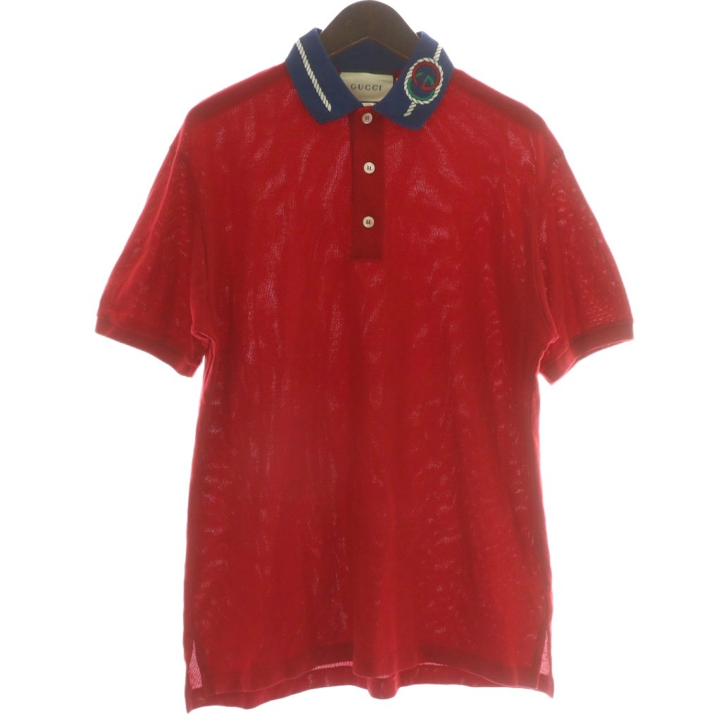 【中古】グッチ GUCCI スポーツシャツ 半袖 インターロッキングG 刺しゅう M 赤 赤いこと 紺 米国海軍 /XZ ■GY18 メンズ 【ベクター 古着】 250914