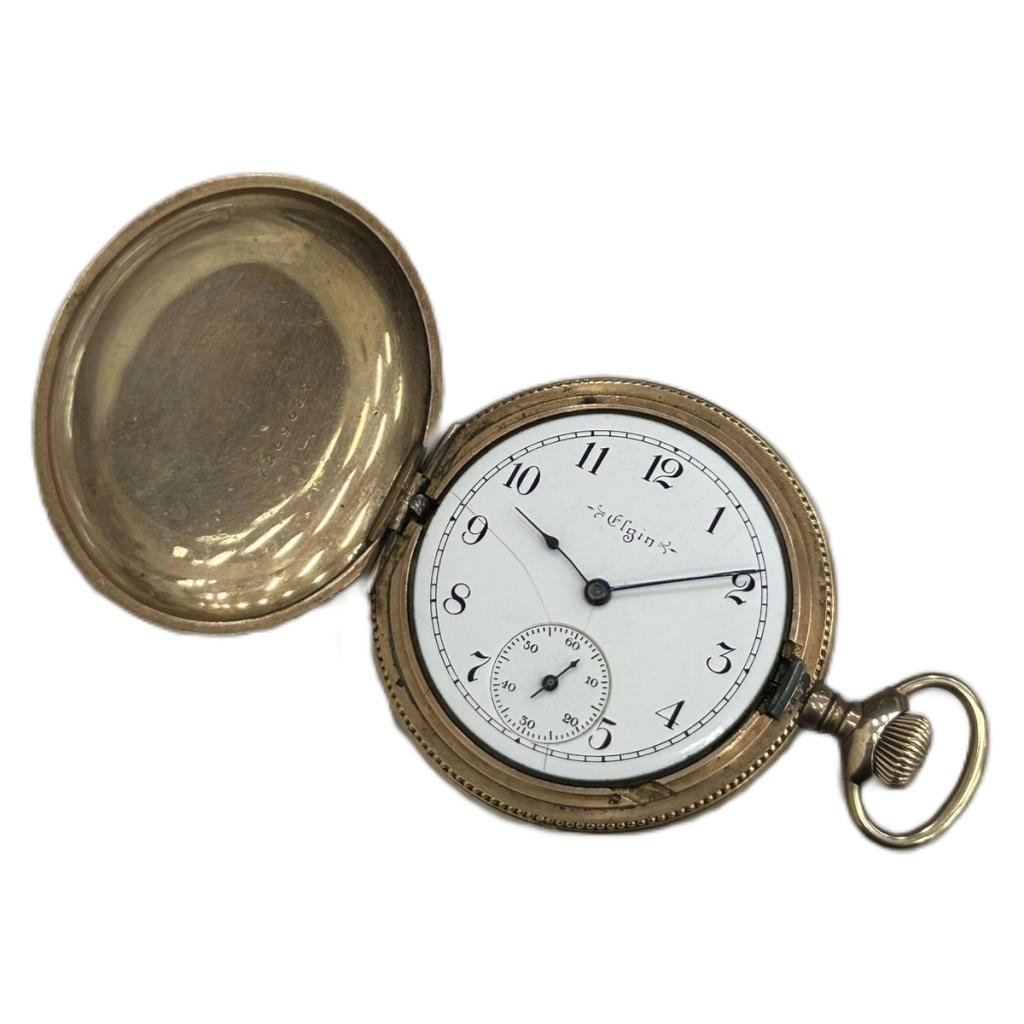 【中古】エルジン ELGIN ジャンク品 1904年製 懐中時計 USA製 ヴィンテージ アンティーク 手巻き スモセコ 7石 彫金ケース 白文字盤 ゴールドカラー 金色 ■GY11 /KW メンズ レディース 【ベクトル 古着】 251004